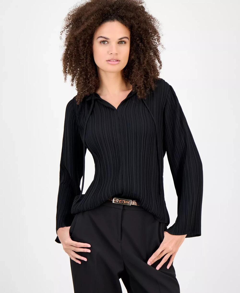 Anne Klein Blouse Womens Small Black Pleated Split Neck Minimalist Bohemian NWT